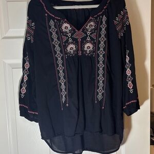 Johnny Was Black Blouse with Pink Embroidery